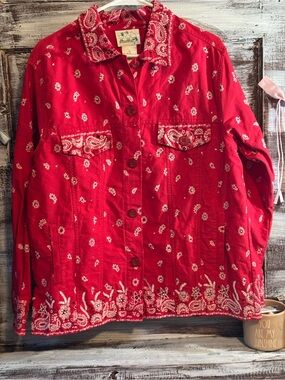 Red Bandana-Print Button-Down Shirt Jacket